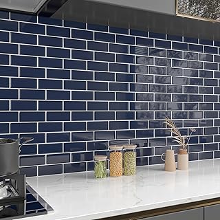 CHIHUT 16 Sheets Navy Blue Glossy Subway Peel and Stick Backsplash Tiles...