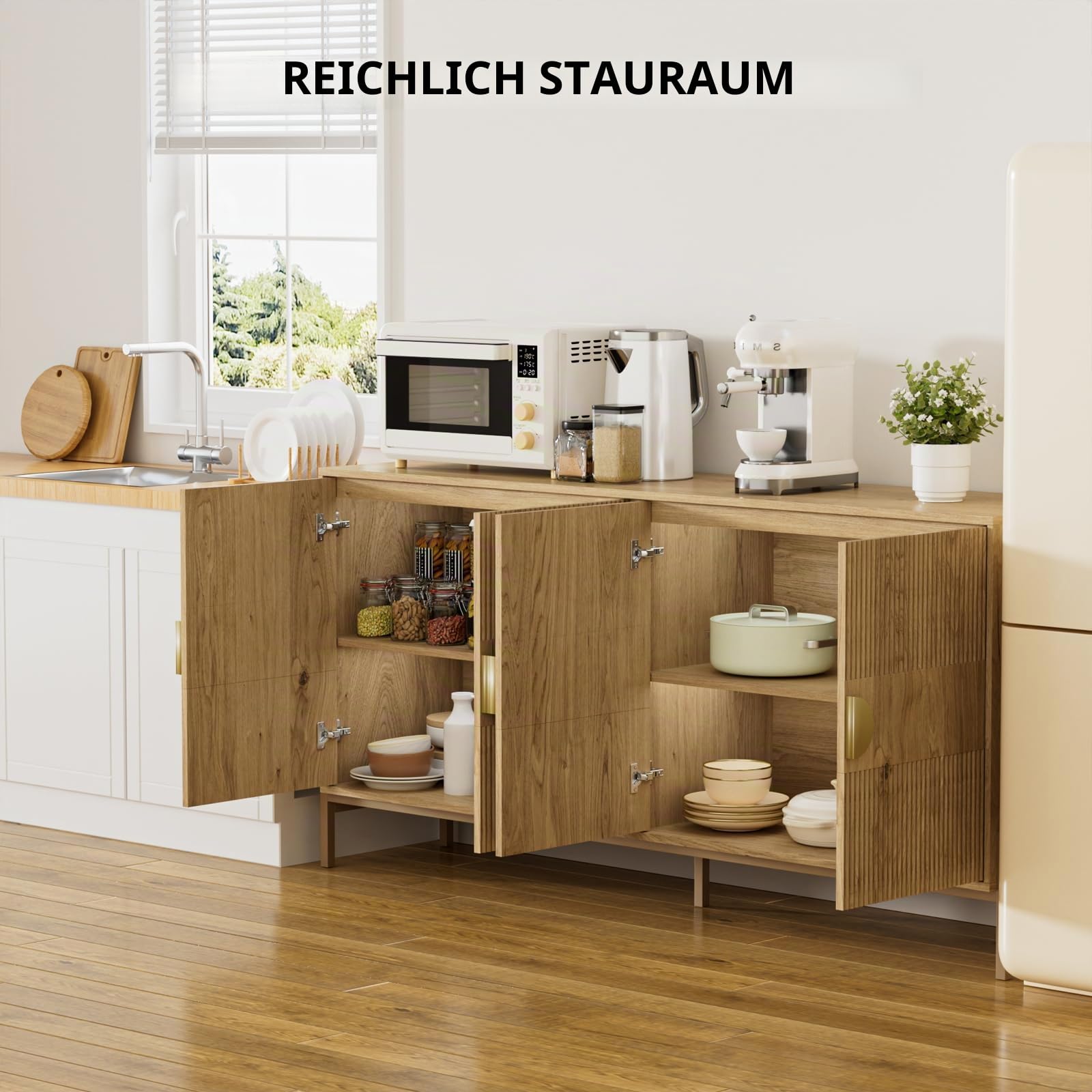 Geriffelter Buffetschrank mit Stauraum, Sideboardschrank mit 4 Türen und verstellbaren Regalen, Boho-Kaffeebar-Stationstisch, moderner Holzschrank für Küche, Wohnzimmer und Esszimmer