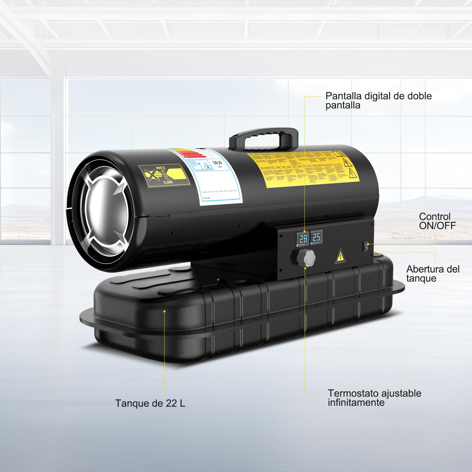 Calefactor Diésel 10 kW - Termoventilador Industrial - Caudal 450 m³/h - Termostato Regulable e Indicador de Nivel de Combustible - Para Talleres, Obras y Uso Agrícola