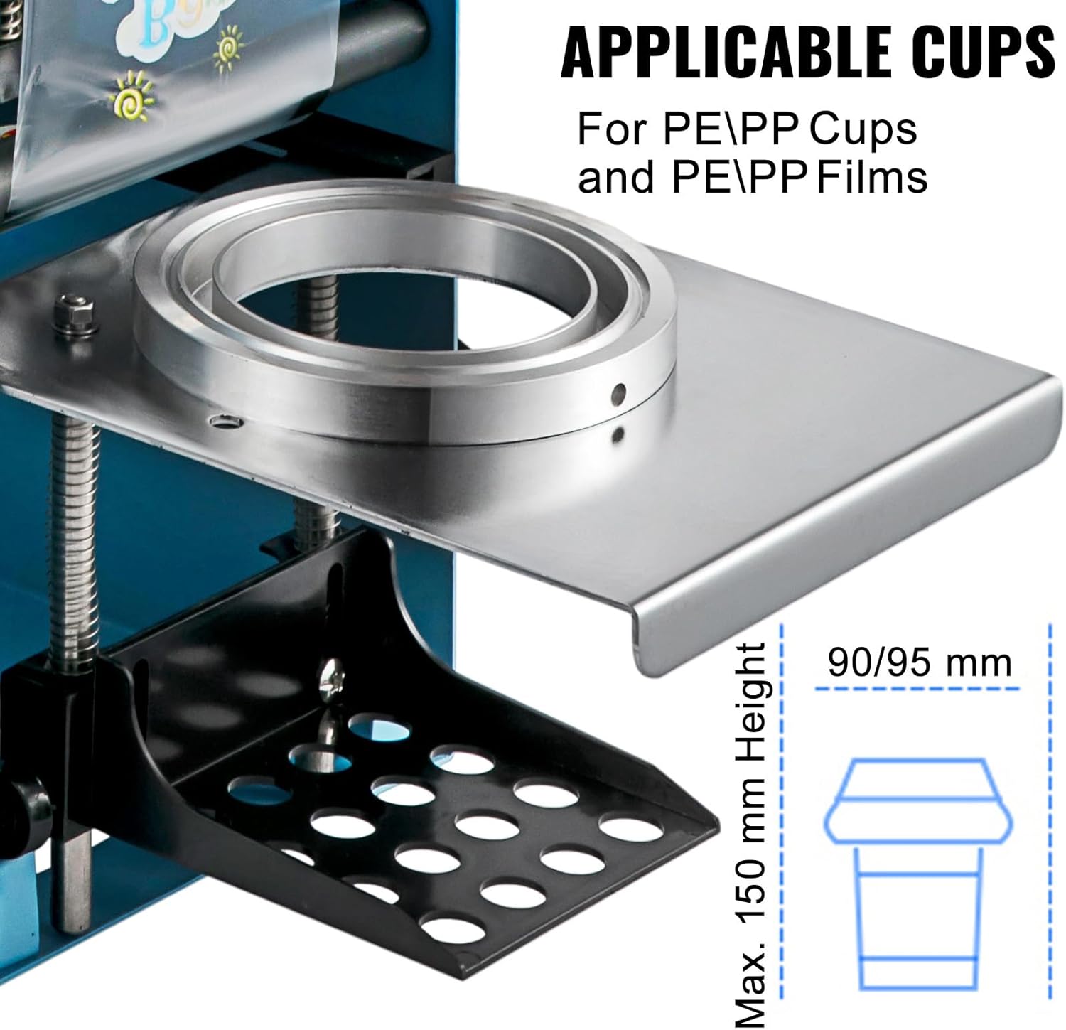 Happybuy Manual Tea Cup Sealer Machine, 300-500 Cups/h, Blue Boba Tea Sealer, 90/95mm Cup Diameter, Heating Technology for Bubble Milk Tea