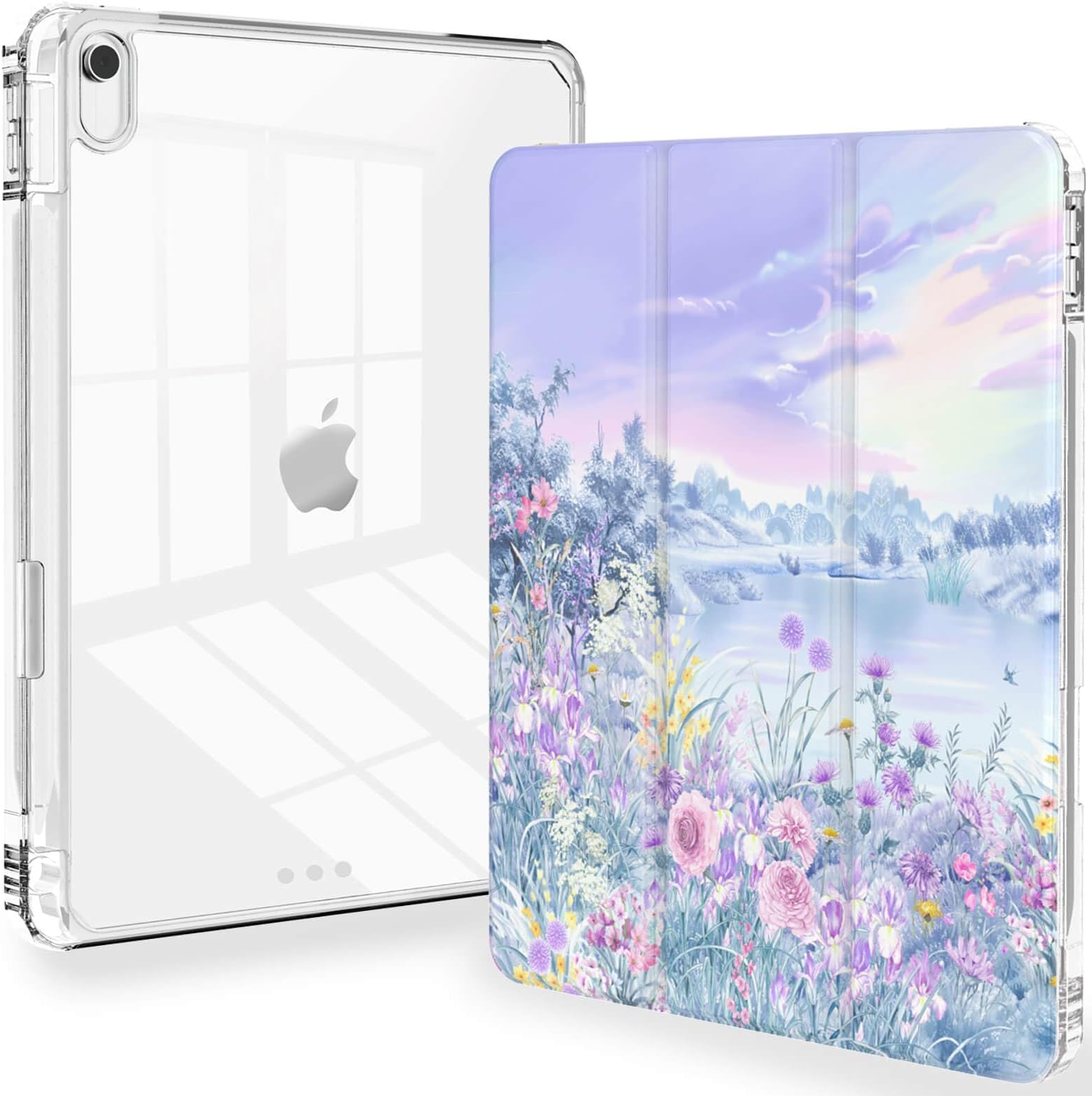 Feams iPad 10th Gen 10.9 Inch Case - Slim, Lightweight Trifold Cover with Clear Back, Pencil Holder & Auto Sleep/Wake - Purple Garden