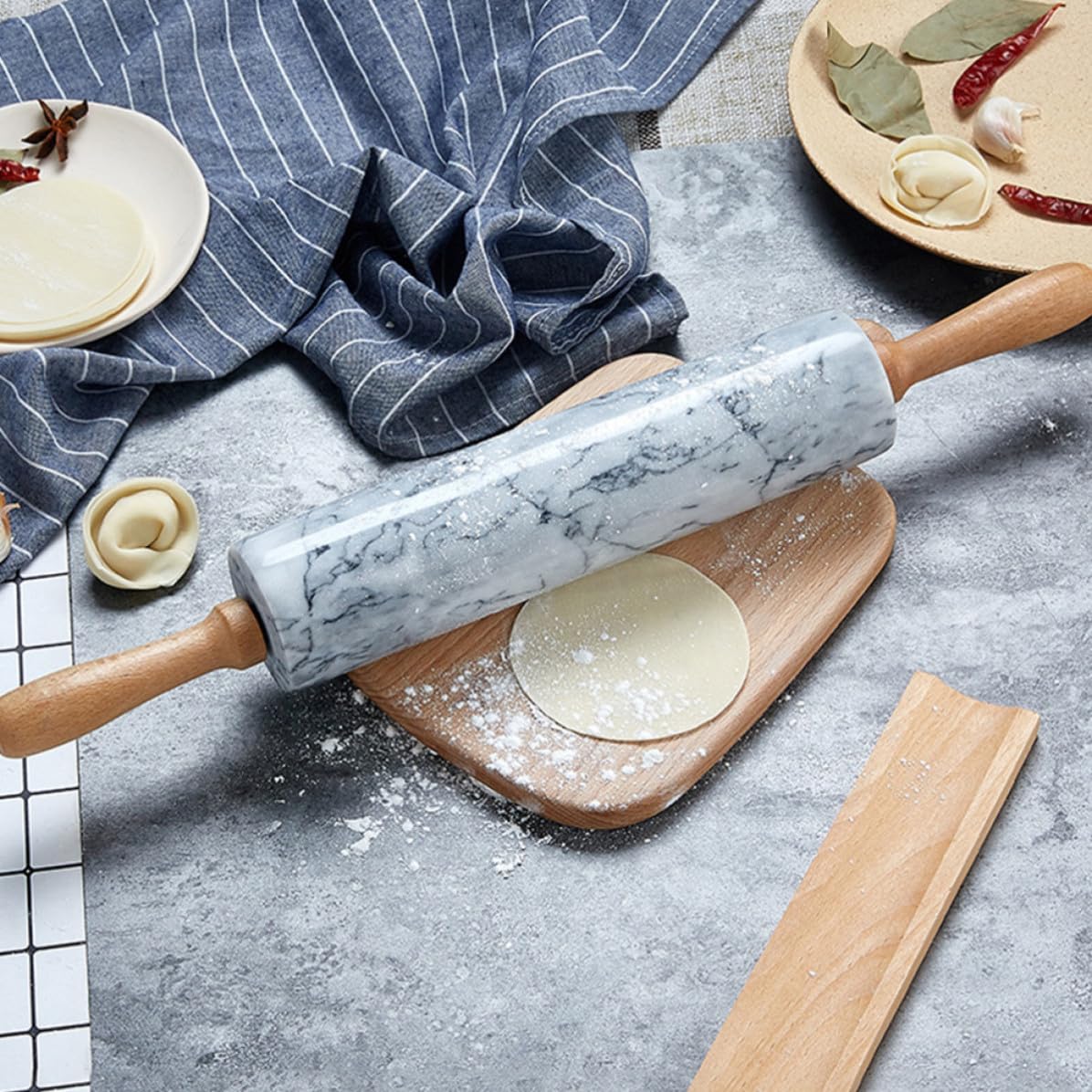 jojofuny Rodillo de Amasar de Mármol Mango de Madera, Multiusos y Práctico para Cocina y Repostería, Diseño Simple y Elegante