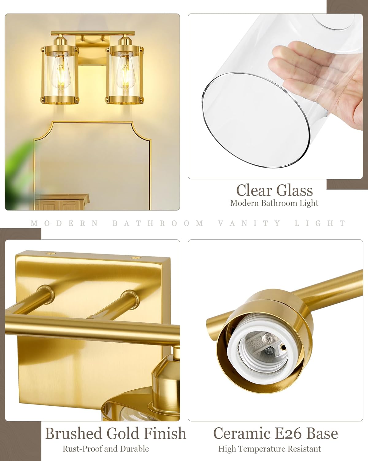 2-Light Brushed Gold Bathroom Light Fixtures, 13.8 Inch Modern Bathroom Vanity Lighting Fixtures Over Mirror with Clear Glass and Metal Cage Wall Sconce Lights for Bath, E26, OS-3014BG-2W