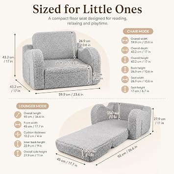 Kids Sofa Bed 2-in-1 Fold Out Toddler Couch with Soft Sherpa Cover Convertible Children Reading Chair (Grey)