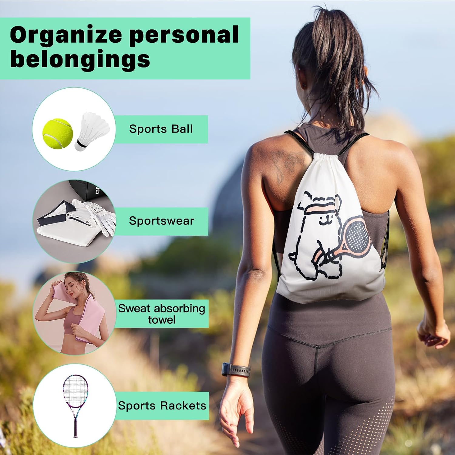 Tennis Racket Drawstring Bag, Sports Backpack, Cute Gym Sack for Women, Portable String Bag for Tennis, Swimming, Workout, Travel