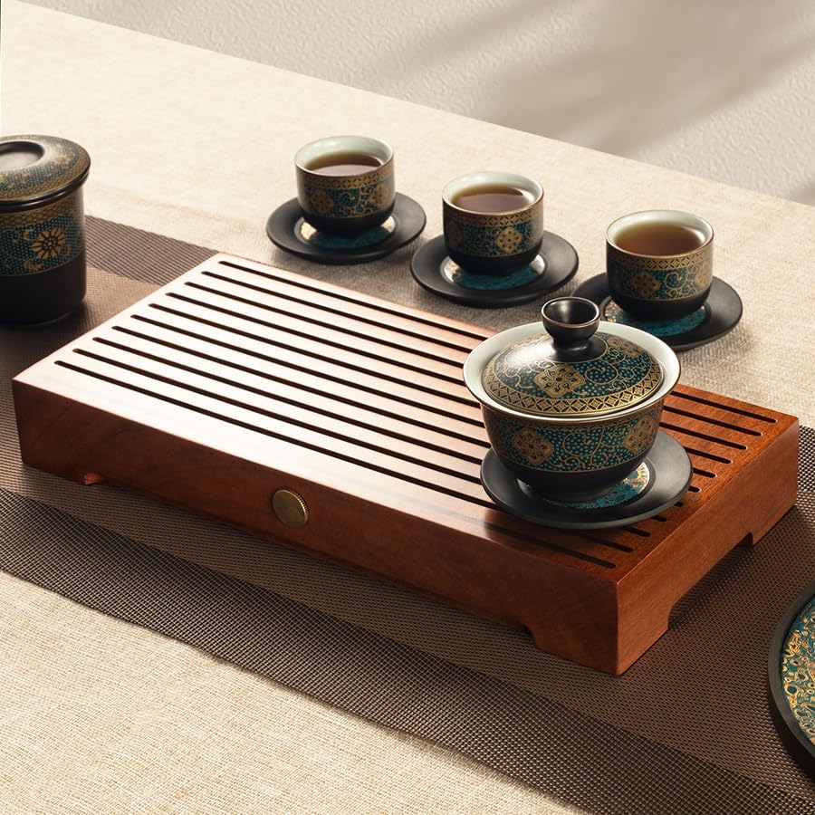 Bandejas de té para servir, bandeja de té seca pequeña de ébano, bandeja de té de drenaje de madera maciza para el hogar, bandeja de té retro