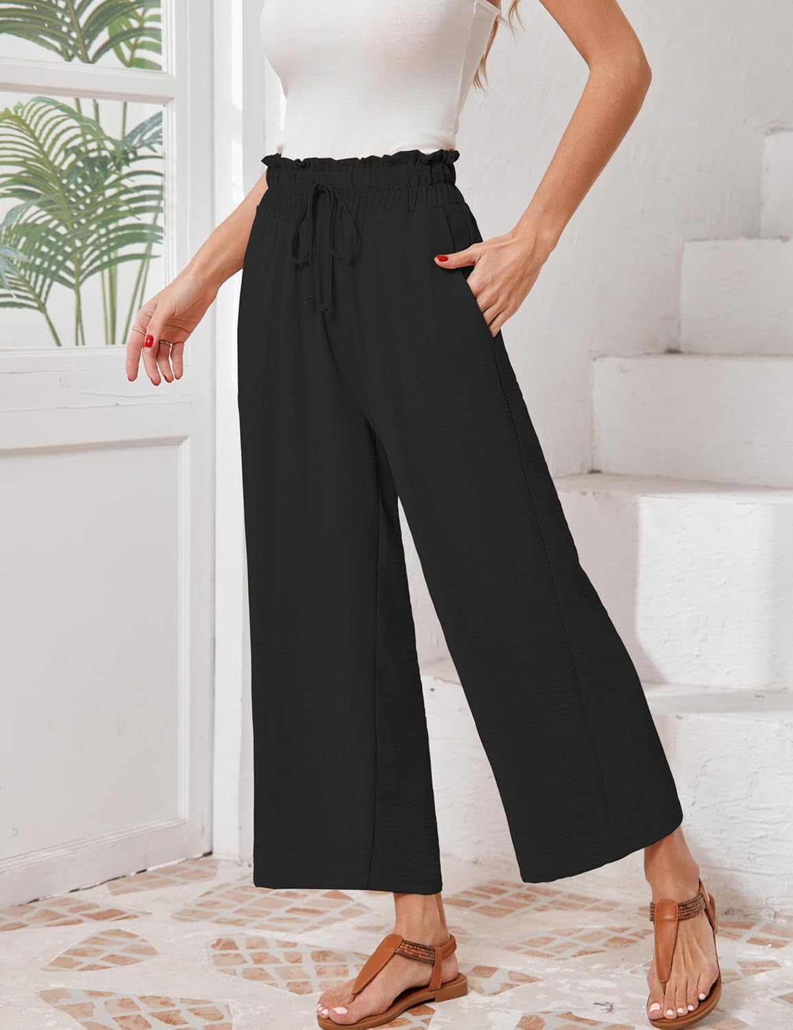 Wide Leg Pants for Women Drawstring Waisted Cropped Flowy Beach Pants Casual Outfits for Women with Pockets, S-XL - Image 3