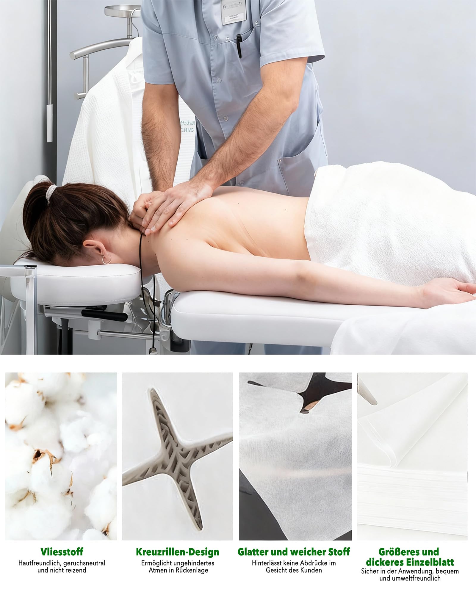 Einweg Nasenschlitztücher Massageliege 600 Stück: Weiche Vliesstoff Kopfauflagen 40x40cm für Massagetisch und Kosmetikbank für Therapeuten und Kosmetikerinnen zur hygienischen Kundenbetreuung