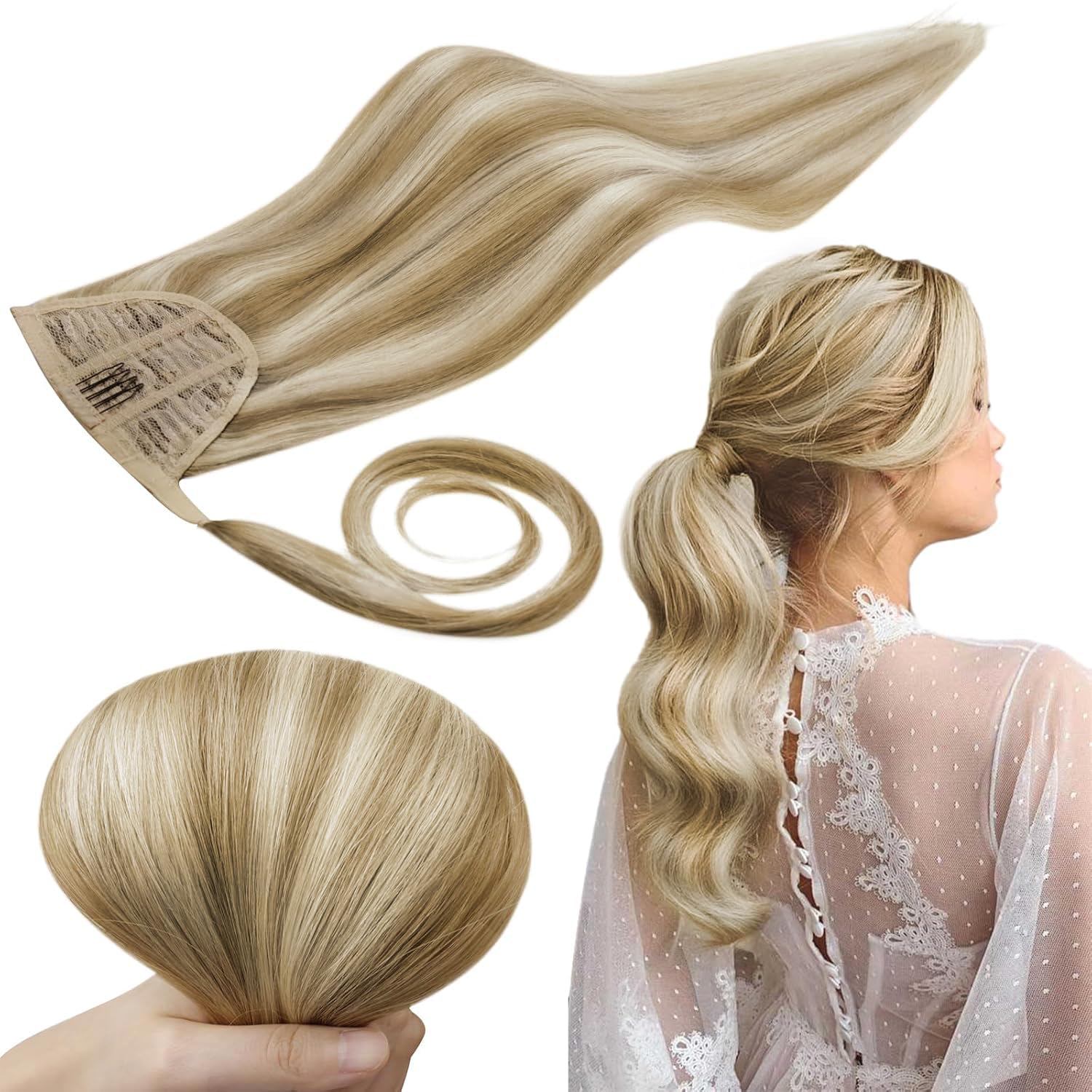 RUNATURE Human Hair Ponytail Extension 12in Blonde