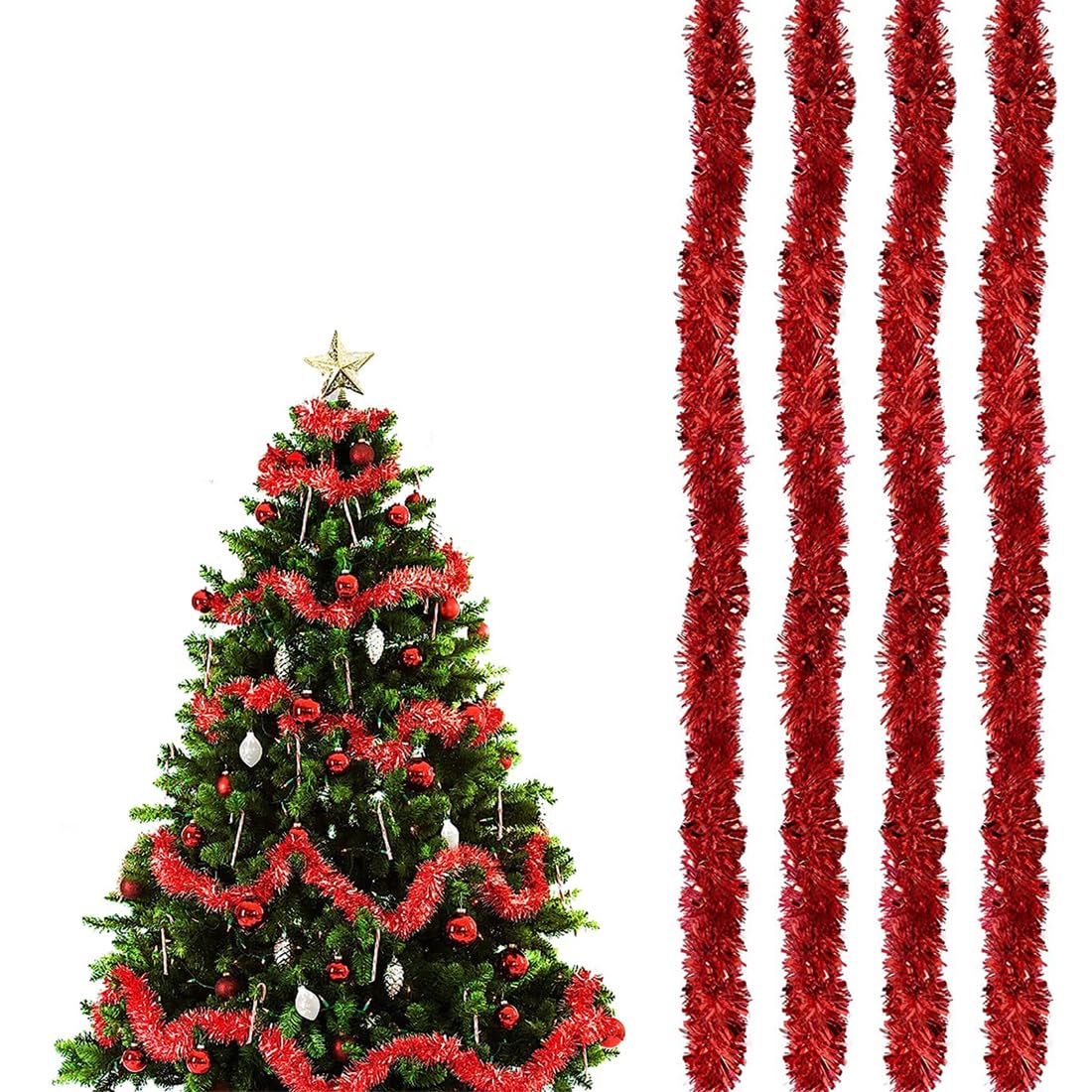 HONGECB YEAP Pack of 4 Christmas Tree Tinsel, Christmas Tinsel Garland, Tinsel Tree Decoration, Shiny Tinsel Garland, Hanging Decorations for Christmas, Holidays, Indoor Outdoor, 2 m Each, Red