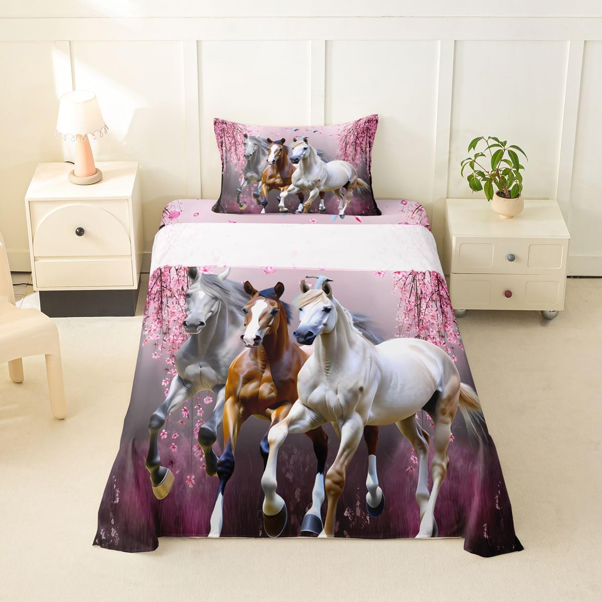 Feelyou Boys Horse Bed Sheets Cherry Blossom Branches Steed Kids Sheet Set for Girls Teens Galloping Horse Bed Set 3D Wild Animal Decor Sheets Bedroom Collection 3Pcs Twin Size