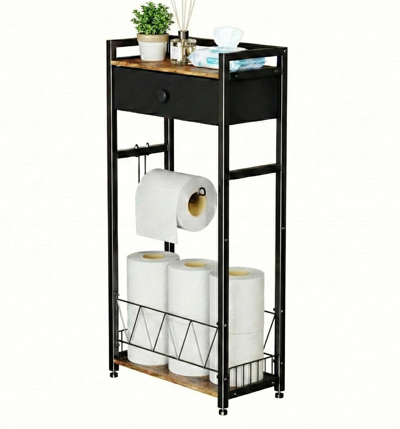 Freestanding Toilet Paper Holder Stand with Storage Drawer, Narrow Bathroom Shelf, Spare Roll Basket, 4-Way Install Paper Arm, Space-Saving Rack for Apartments & RVs (Brown)