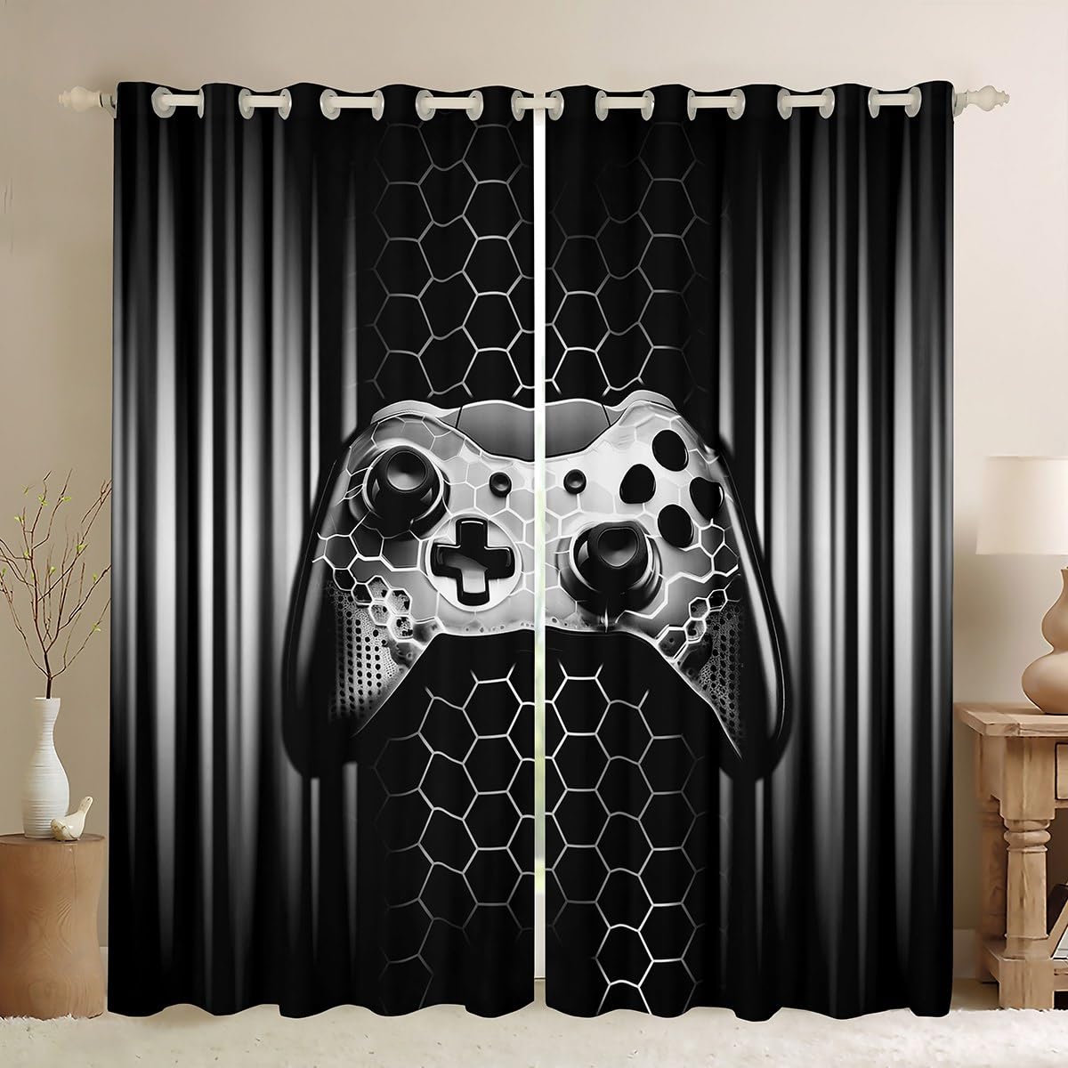 Manfei Kids Gaming Blackout Curtain Grey Geometric Gamepad Window Treatments, Modern Gamer Window Drapes for Boys Teens Adults Room Decor Grommet Top 2 Panel Set Bedroom Curtains, 46Wx72L inch โ image 1