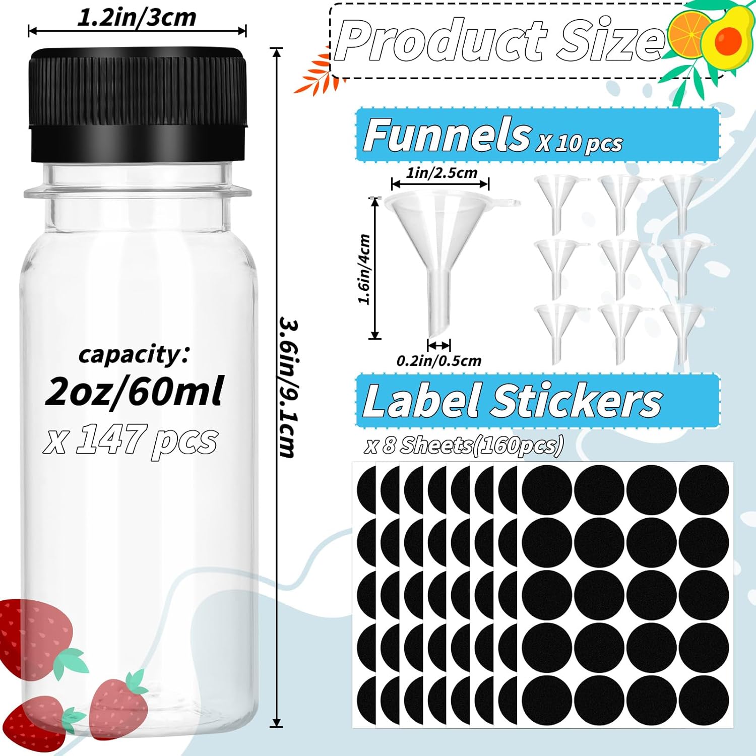 165 Pcs 2 oz Small Plastic Juice Bottles with Black Caps Mini Clear Ginger Shot Containers with Tamper Proof Lids Reusable Travel Bottles with Funnels Labels for Juice Milk Water Other Beverages 2oz-Round Juice Bottle Black