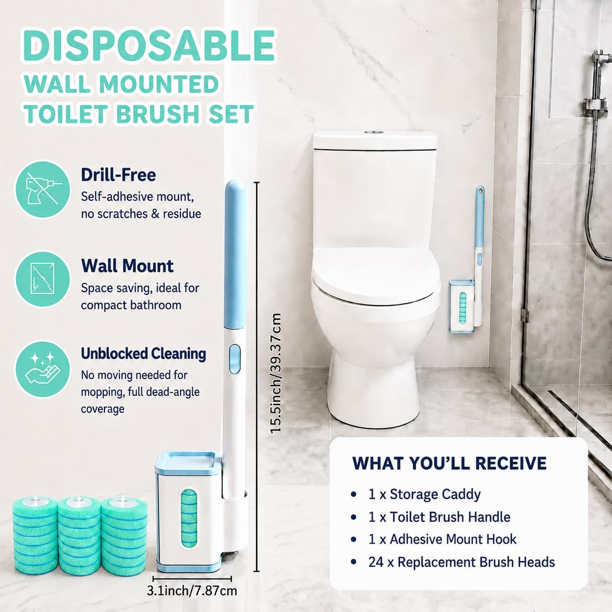 Disposable Toilet Brush, Wall-Mounted Rotating Holder Set, Bathroom Maintenance, Toilet Cleaner(Light Agarwood Scent)