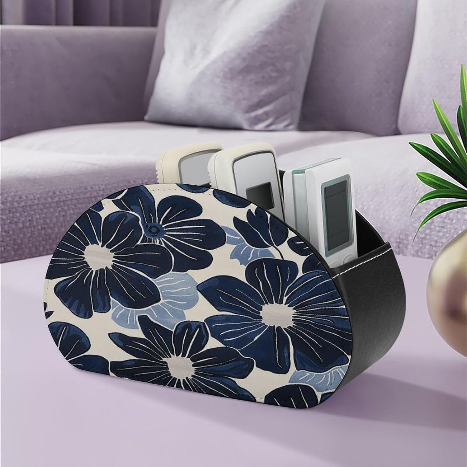 TV Remote Control Holder, 5 Compartments, Navy Blue Flowers image 5
