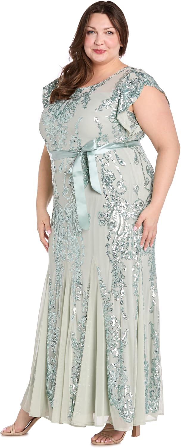Elegant Long Beaded Gown W/Split Flutter Sleeves, Satin Sash & Mesh Godet Skirt