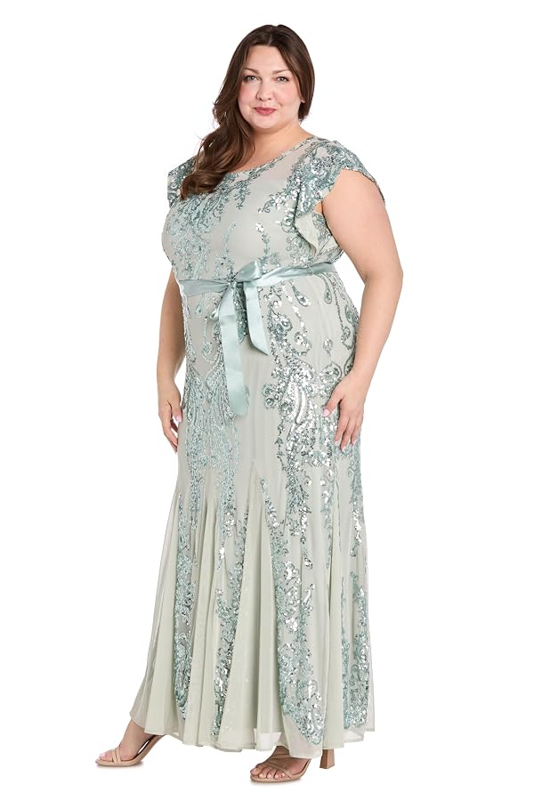 R&M Richards Women's Long Sequin Beaded Flutter Sleeve Gown W/Mesh Godet Skirt & Satin Sash Sage by R&M Richards - Used condition - Image 3