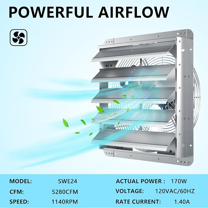 Ventilador de extracción para pared de 24 pulgadas, ventilador de aluminio con persiana automática, caudal de aire de 5280 CFM, certificado ETL, para ático, invernadero, taller y garaje miniatura 4