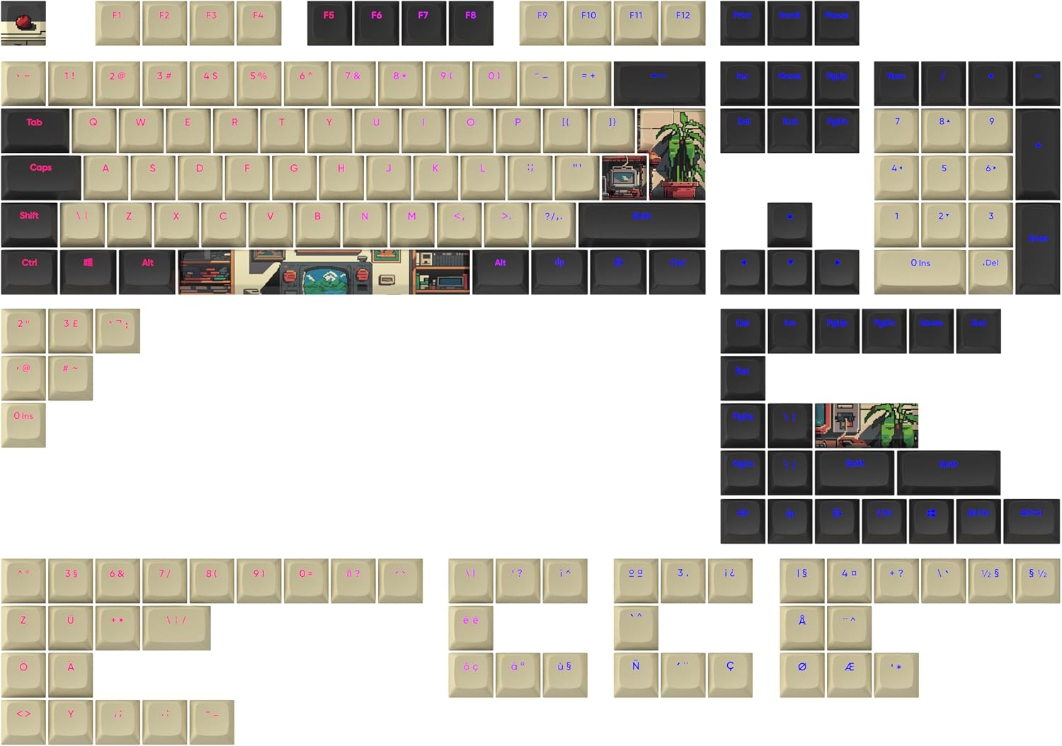 Arcade Retro Aesthetic PBT Multilingual Keycaps [ANSI & ISO Layout] - English (UK/US), Spanish, Portuguese, Italian, German, Austrian, Finnish, Norwegian, Swedish, and Danish