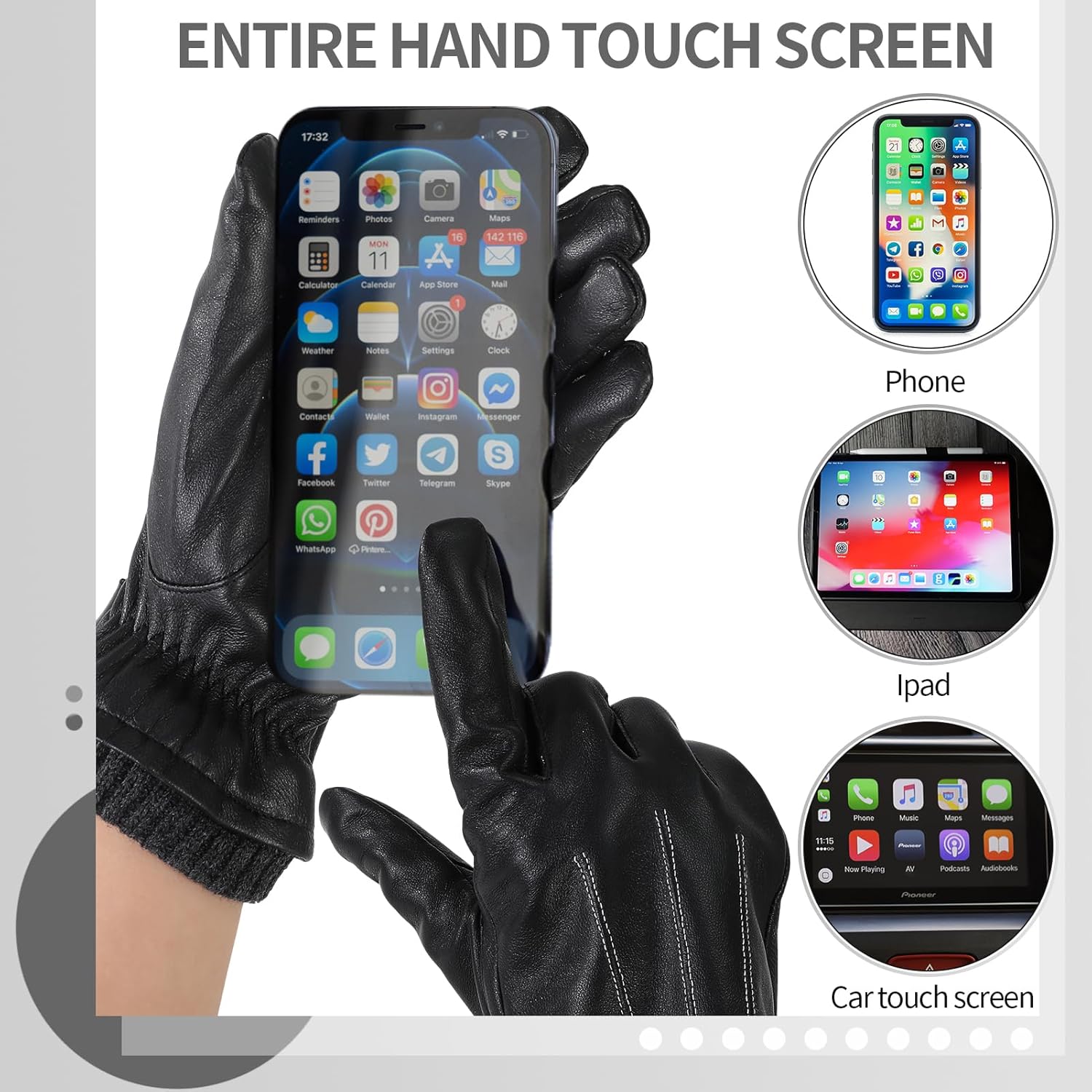 Leather Driving Gloves Mens Winter Warm Touchscreen Gloves with Cashmere Lining, Motorcycle Glove Costume Black - Image 3