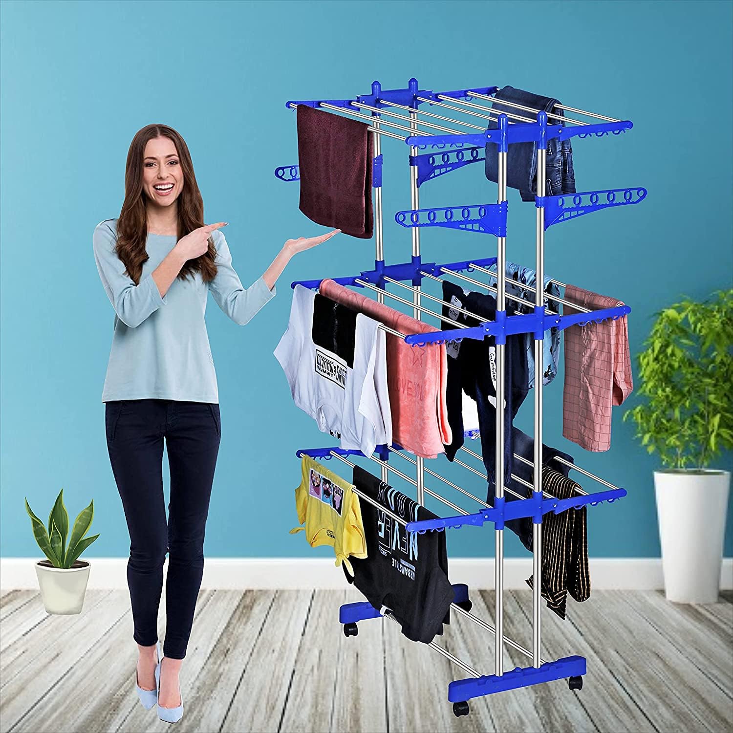 INDISWAN™ Stainless Steel Heavy Duty Double Pole 3 Layer Cloth Drying Stand for Balcony (Dark Blue)