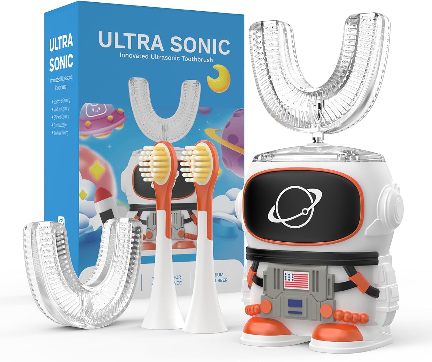 Kids U-Shaped Electric Toothbrush with 4 Brush Heads, Sonic Toothbrush Kids with 5 Modes & 60s Timer, Cartoon Astronaut 360-Degree Cleaning, IP64 Waterproof & Dustproof (Ages 2-6)