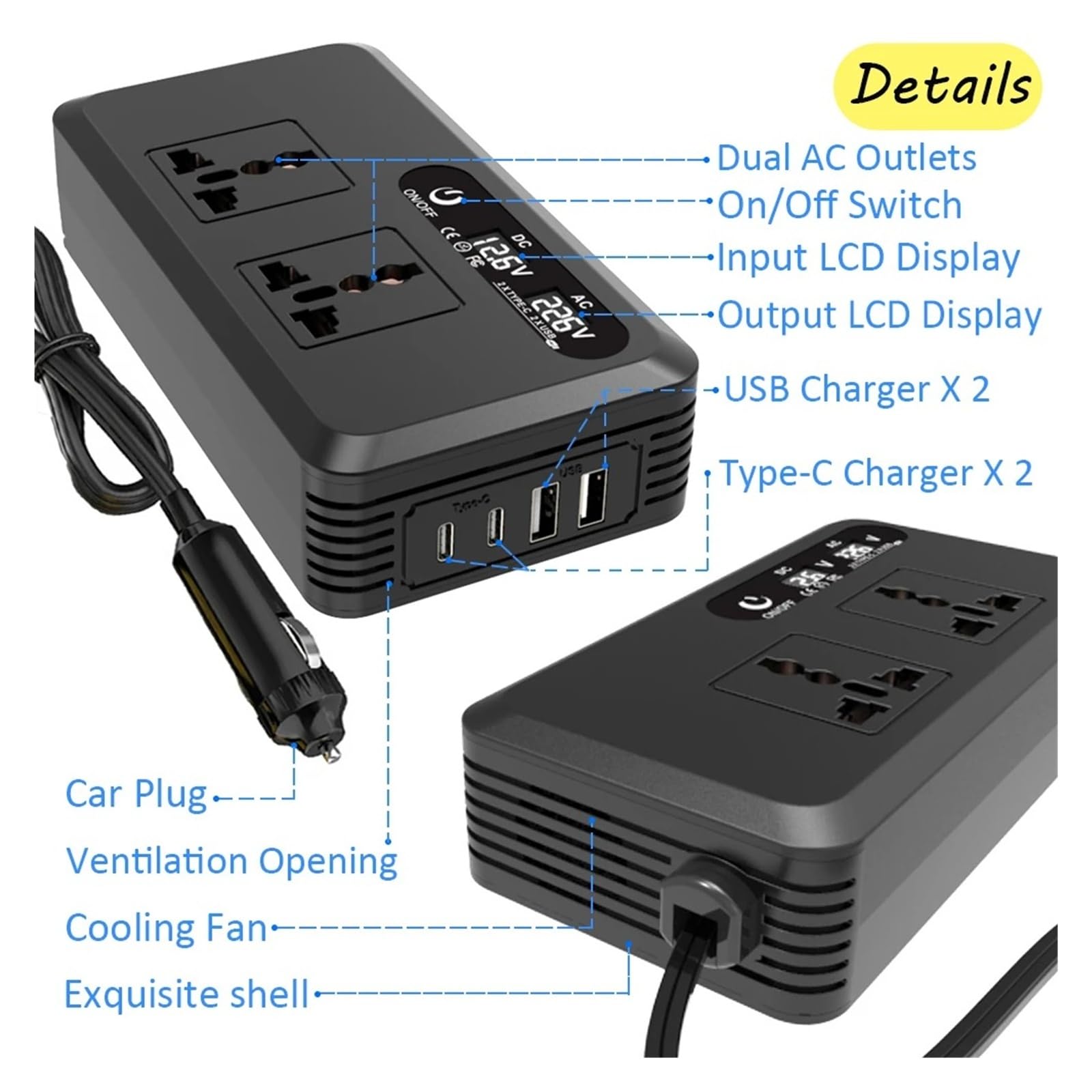 Convertidor Adaptador Transformador Voltaje USB Montado Inversor Coche Portátil Potencia 200W CC 12V A110V/220V Clip Batería Conversión inversor