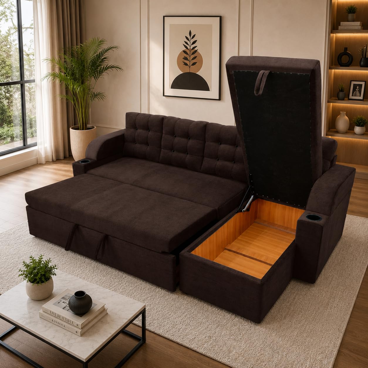 Nora Textured Premium Polyester Fabric 5 Seater Corner Sofa Cumbed for Living Room, Functional Storage,Soft, Lightweight, Comfortable Sofa (Brown)-image-31