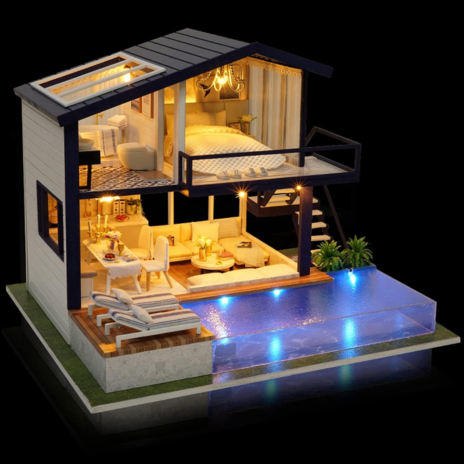 木製ドールハウス DIY 手作りおもちゃキット ヴィラ モデル LED ライト 自己組み立て 子供 遊園地 ショッピングモール 幼稚