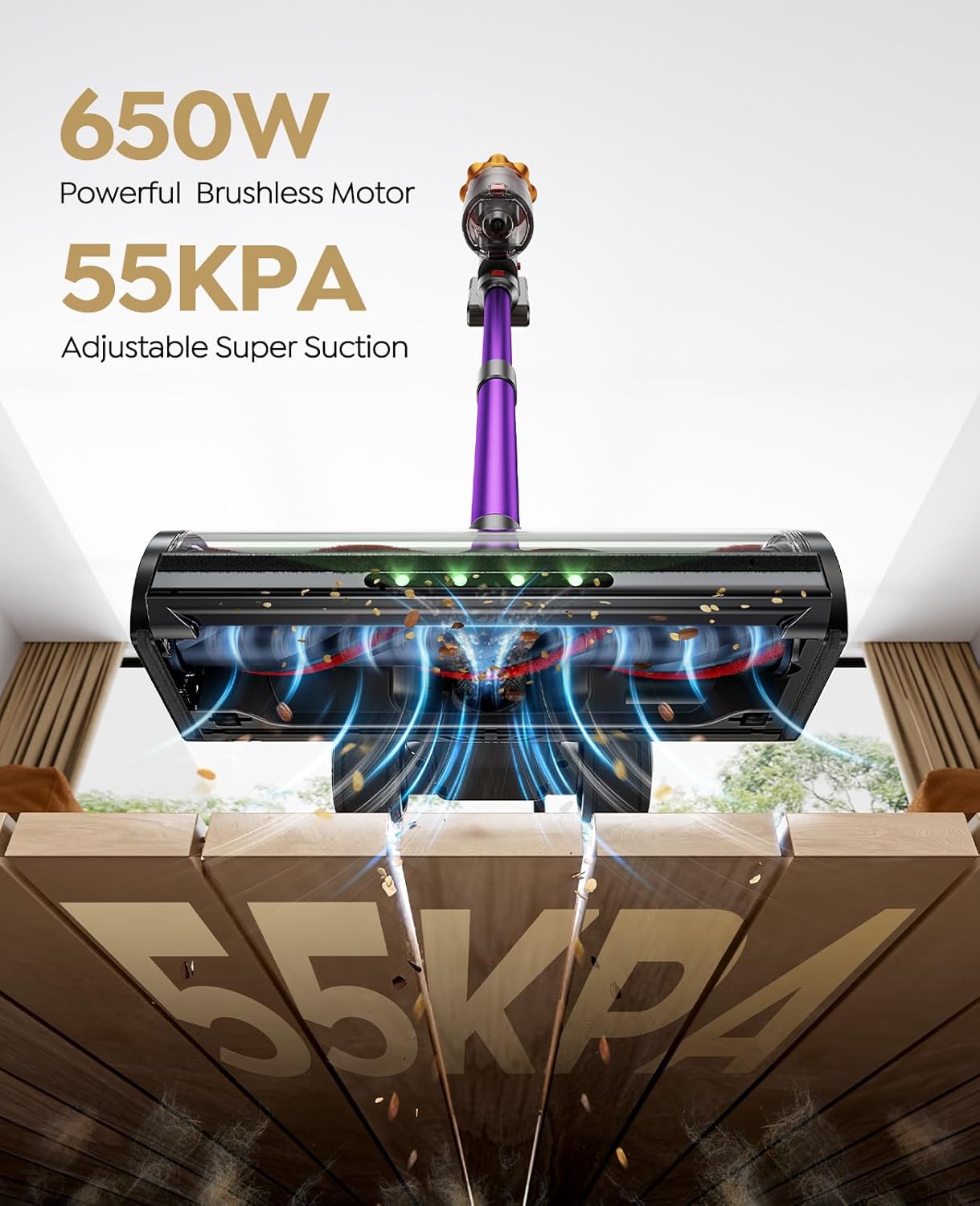 Cordless Vacuum Cleaner, 650W/55KPA/70Mins Vacuum Cleaners for Home, Self-Standing Stick Vacuum with Wall Mount Charging and Auto Mode, Touch Screen, Vacuum Cordless for Pet Hair/Carpet/Floor