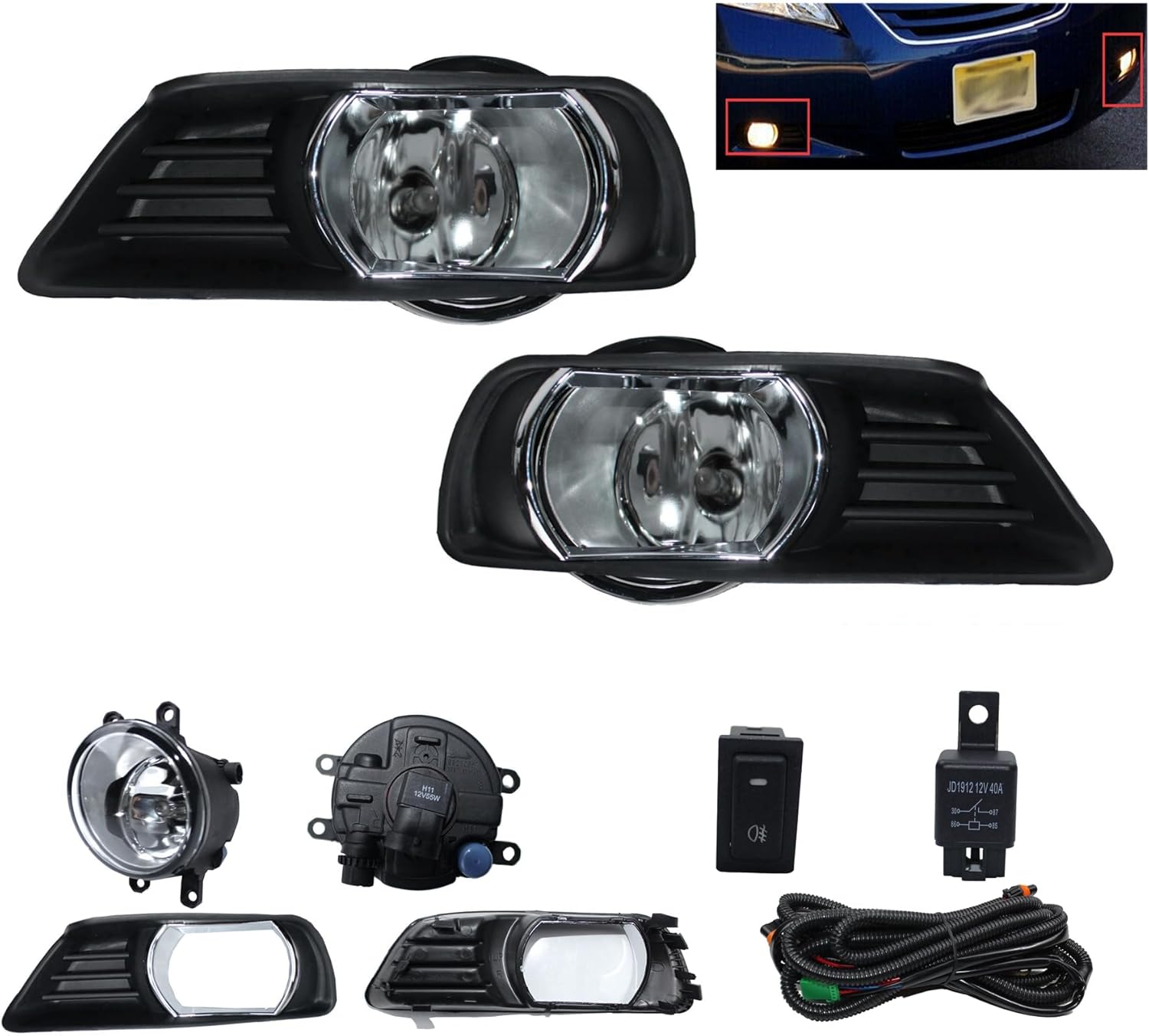 Fog Lights Clear Lens Front Driving Lamps For oyota Camry 2007 2008 2009 with H11 12V 55W Halogen Bulbs|Switch and Wiring Kit | 81210-06070,81220-06070