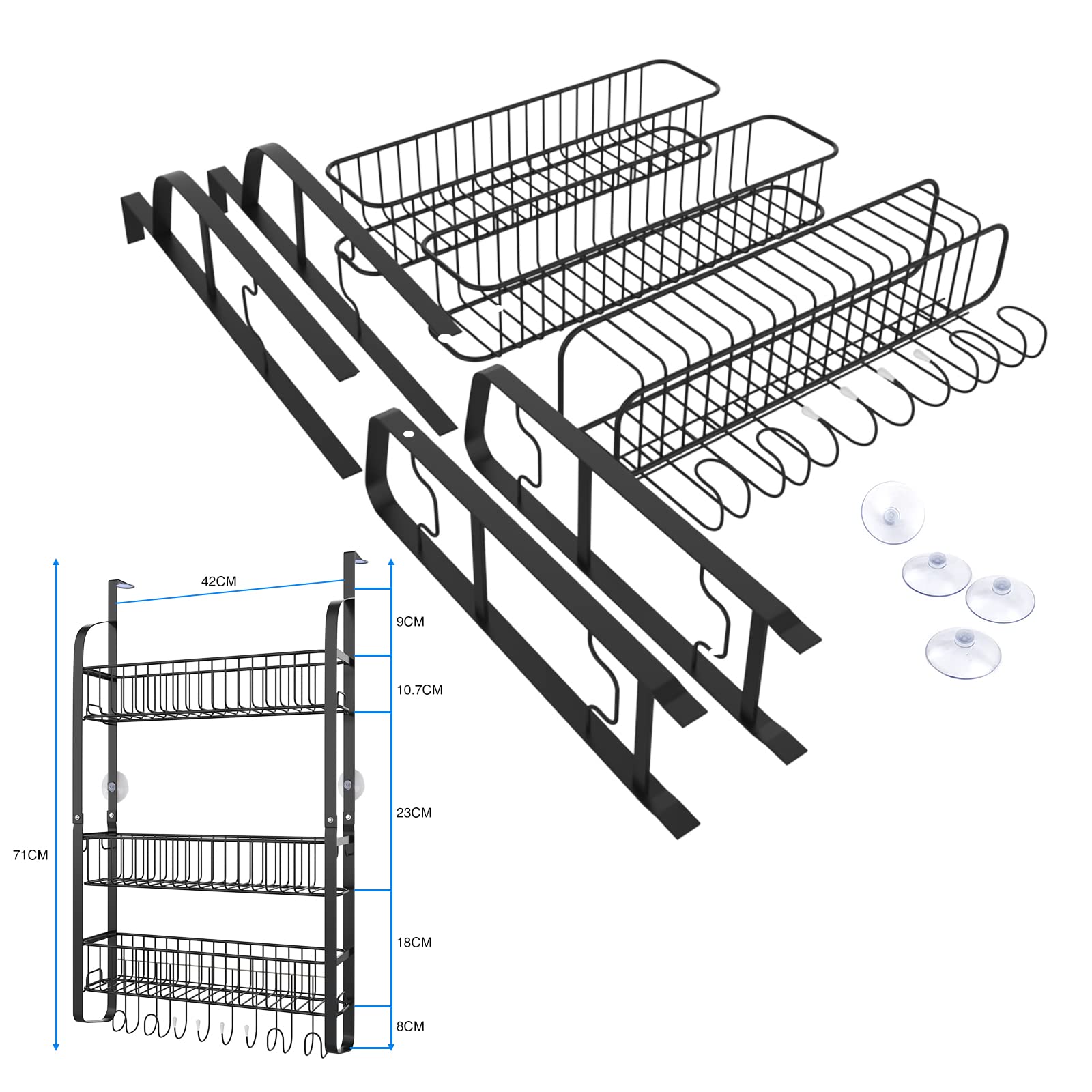 Etagère Réfrigérateur, Porte-Épices de Réfrigérateur, 2 Niveaux Étagère à Épices avec 8 Crochets, Multifonctionnel Étagère de Rangement pour Frigo Cuisine sans Perçage, Noir