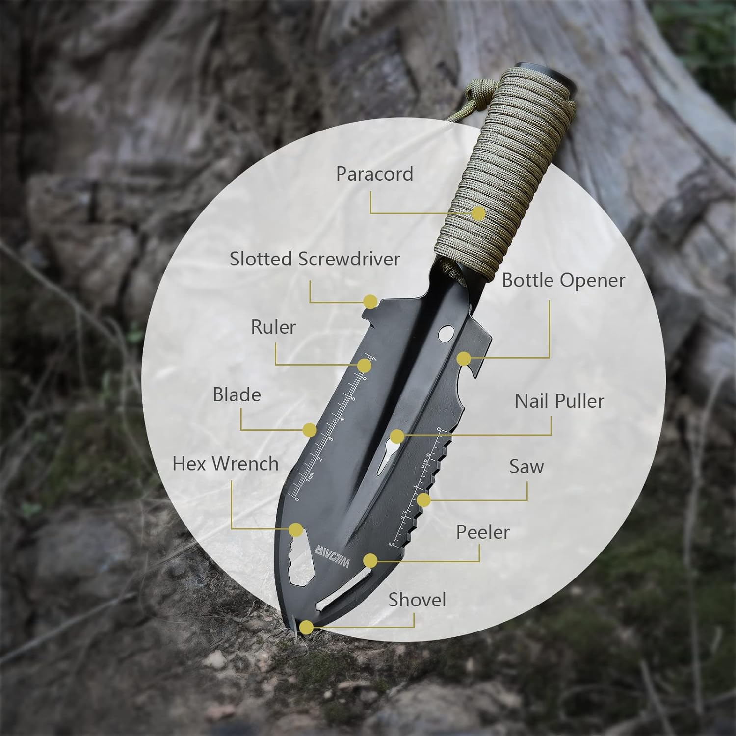 WILDAIR Camping Shovel Multifunctional 7 in 1 Survival Multitool Small Survival Shovel for Camping Tactical Shovel (Black) - Image 3