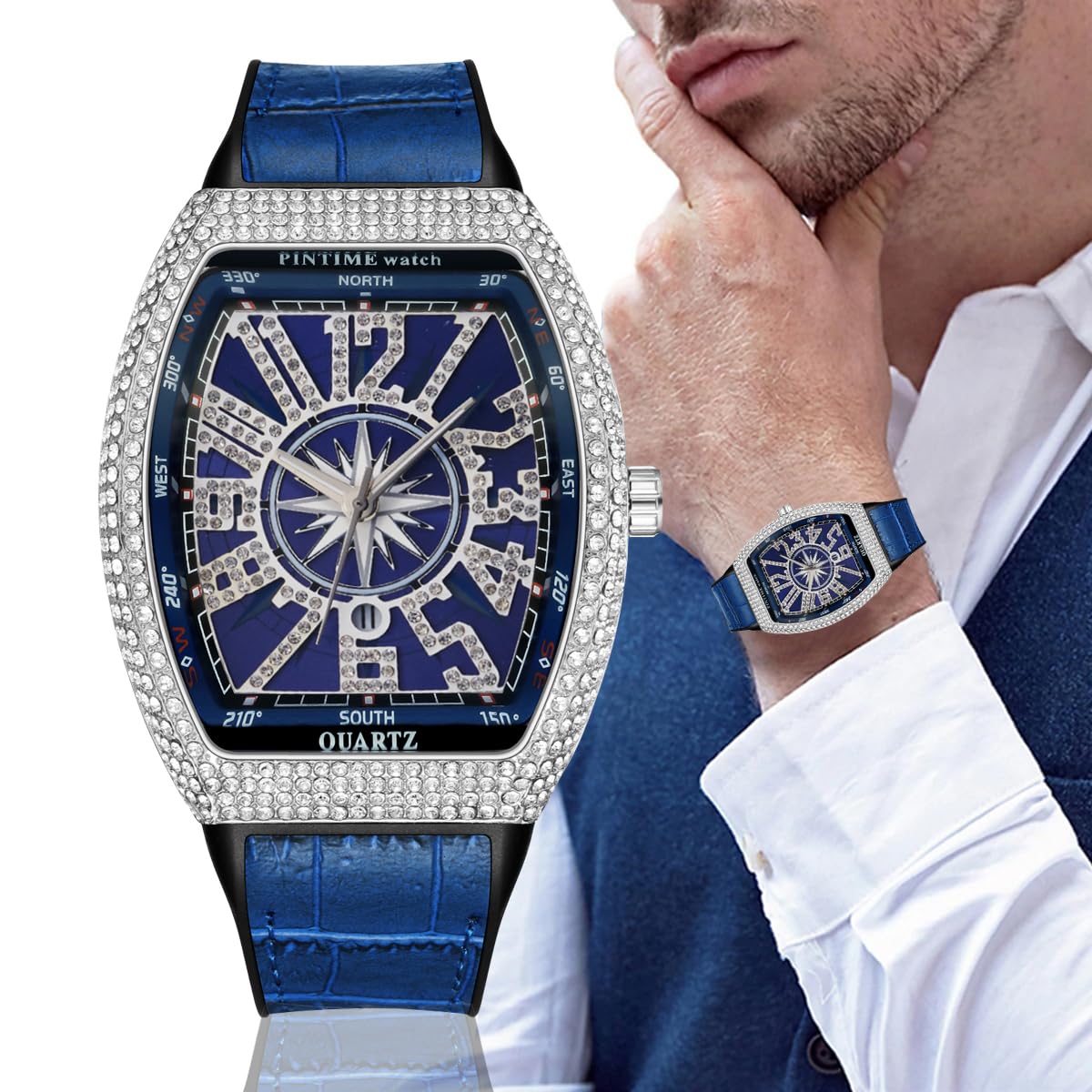 Gosasa Reloj de Pulsera analógico de Cuarzo de Acero Inoxidable para Hombre, diseño de Hip Hop, con Cristales Brillantes, Caja Rectangular