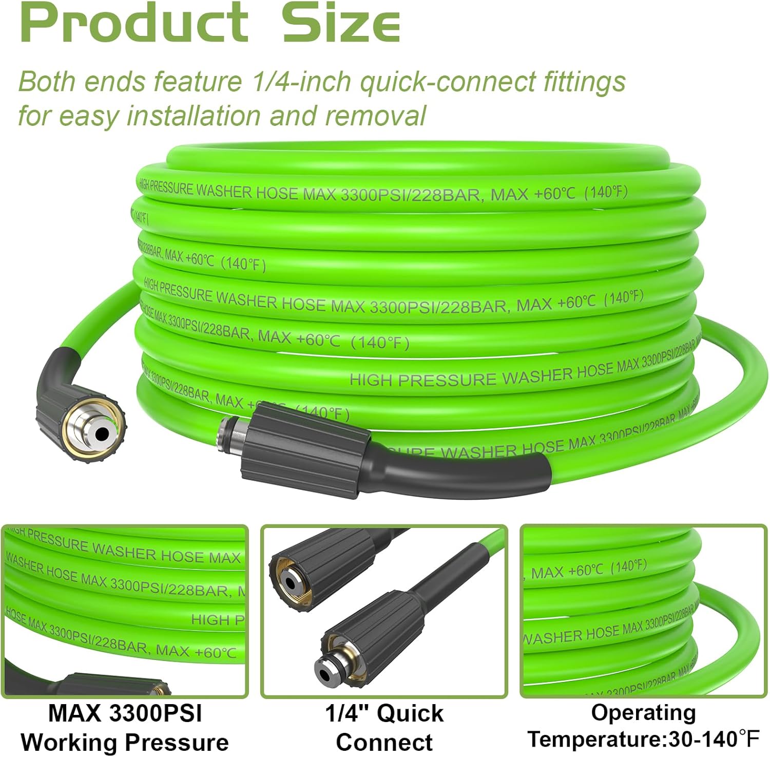 PVC Pressure Washer Hose 50FT 1/4", 3300PSI Kink Resistant Pressure Washing Extension Hose, Equipped with M22-14mm Connection Adapter, For Home Use - GREEN
