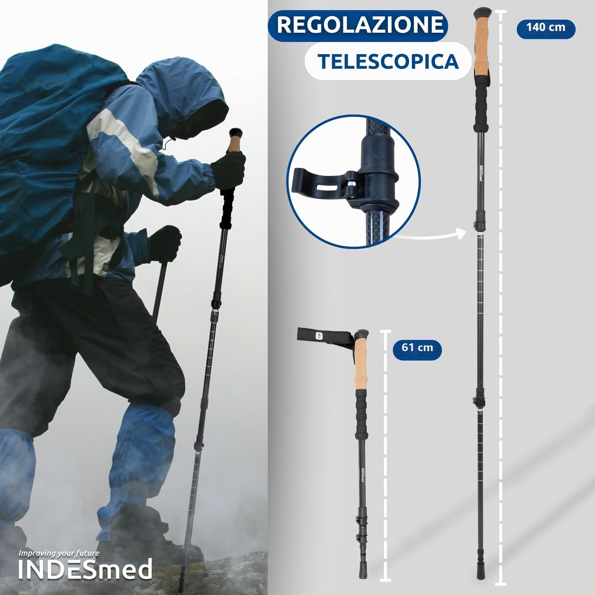 INDESmed | Bastoni da trekking in fibra di carbonio 100% - Bastoncini telescopico, leggerissimi e regolabili con chiusura metallica rapida - Bastoni Nordic Walking, Trail Running, Sci