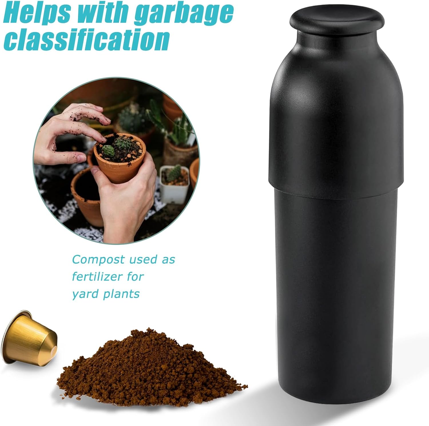 Image illustrating the environmental benefits of the recycler, showing coffee grounds being used as compost for plants and a separated aluminum capsule.