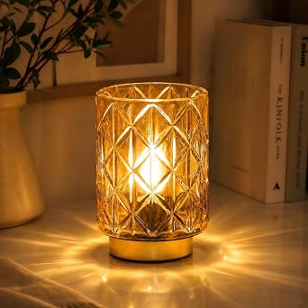 ULAROOM Battery Operated Table Lamp with Timer for Bookshelf/Bedside,Cordless Small Cozy Ambience Decorative Glass Lamps for Nightstand/Dorm/Office Cubicle/Desk/Counter Table DecorGolden