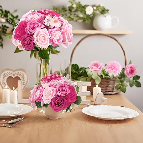 Miniatura 5 de Jspupifip Caja combinada de flores artificiales rosa y rosa intenso, rosas de seda artificial con tallos, arreglo de hortensia y peonía para