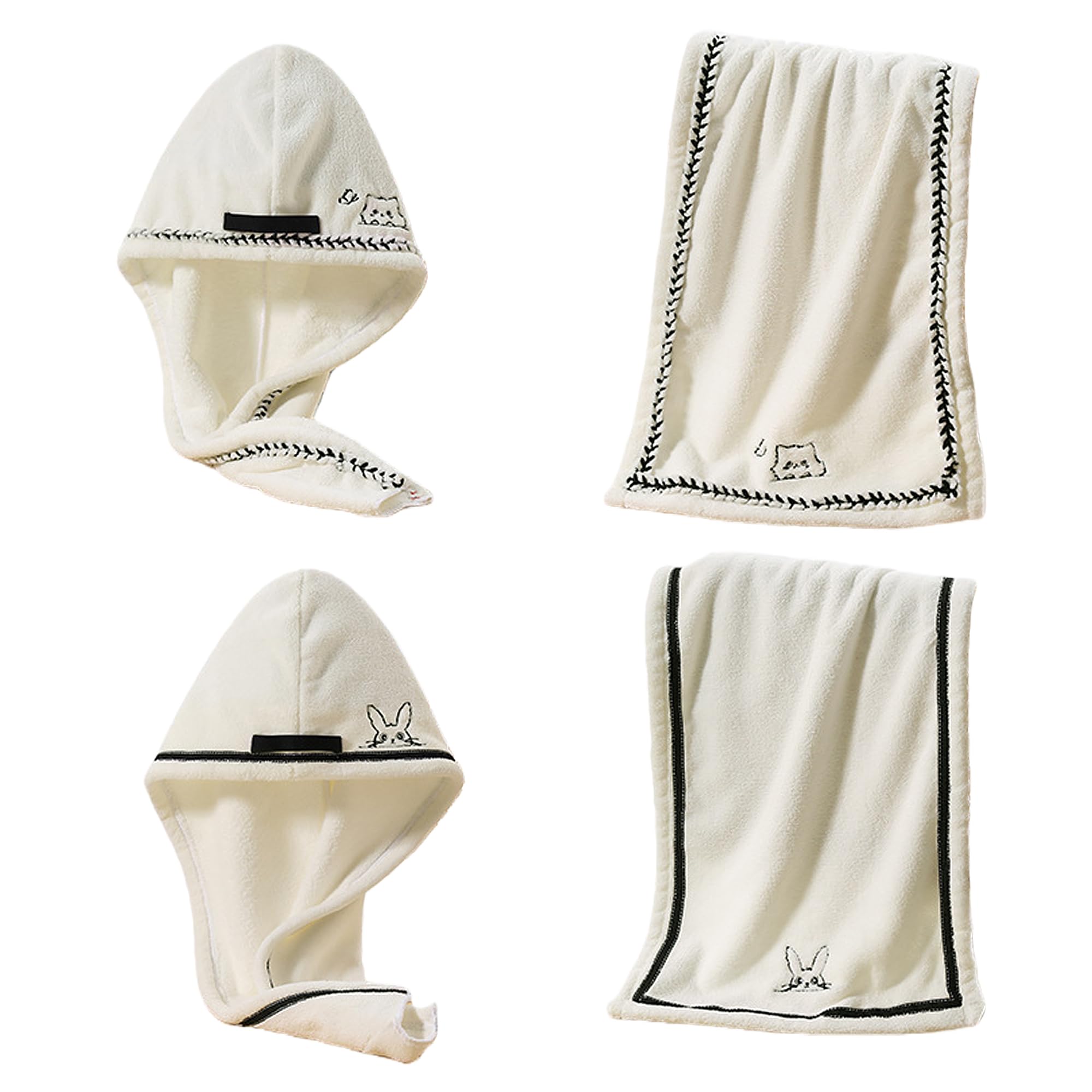 UINSUE 2PCS Soft Microfiber Hair Towel Wrap with Adorable Cat Rabbit Embroidery Quick-Dry Bath Spa Shower Turban for Everyday Use (White-Set4)
