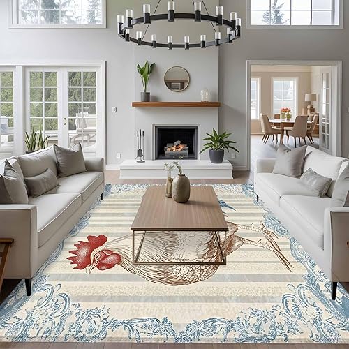 Miniatura 4 de 8x10 Area Rugs, Retro Rooster Non-Skid Rubber Backing Large Rectangle Rugs - Living Room Bedroom Home Office, Blue Farmhouse Animals Watercolor