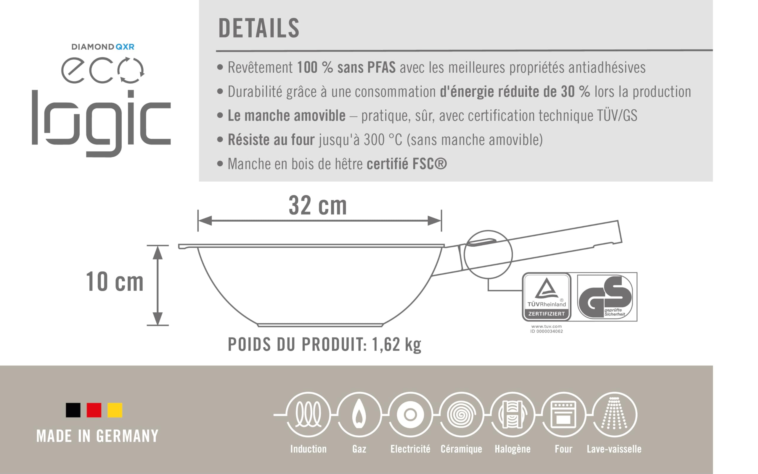 WOLL – Wok et poêle à sauté Eco Logic QXR Ø 32 cm avec manche amovible en bois – wok antiadhésif sans PFAS, compatible four – poêle induction – poêle pour induction – wok