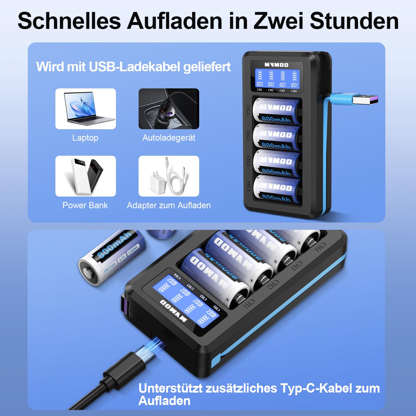 CR123A Wiederaufladbare Batterien 8 Packs, CR123A 3.7V Lithium-Batterien wiederaufladbar mit Ladegerät, CR17345 Batterie für Arlo Kamera VMC3030 VMK3200 VMS3330 3430 3530 Taschenlampen Mikrofon