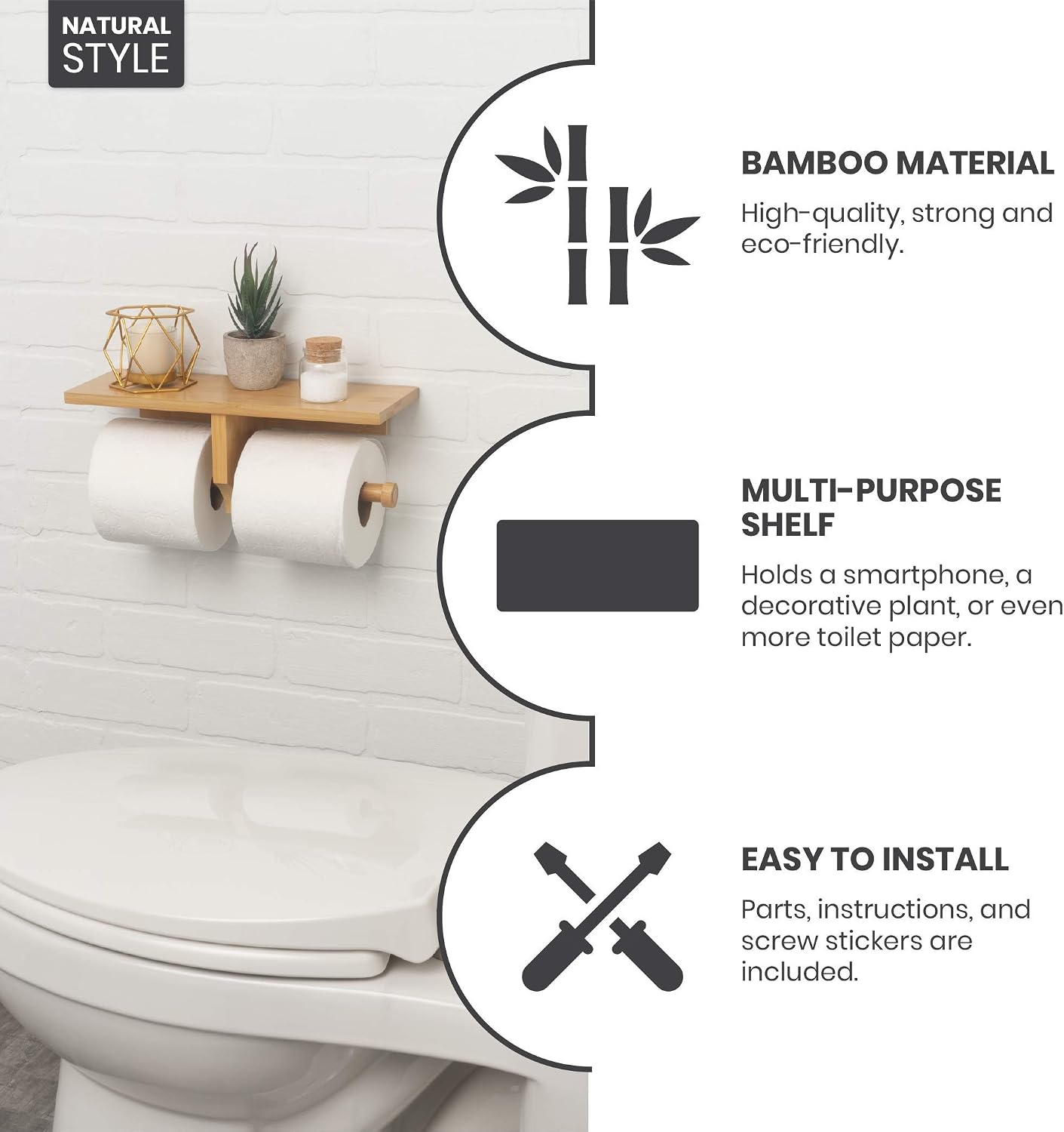 Modern Hanging Wall Mount Natural Bamboo Double Dual Toilet Paper Holder with Convenience Shelf Tray for Toilet Paper, Phone, Plants, Decor, and Other Accessories