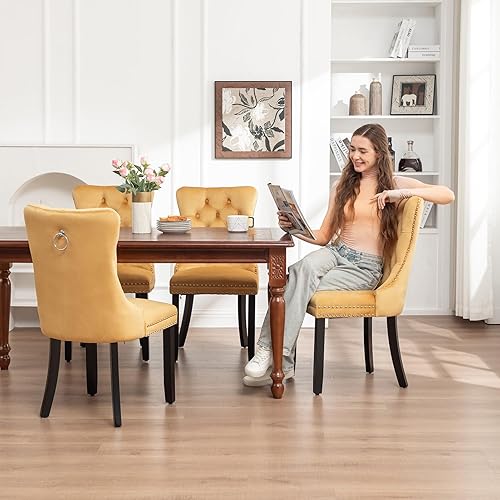 Miniatura 55 de Kiztir Juego de 2 sillas de comedor de terciopelo, sillas de comedor tapizadas con ribete de anillo y respaldo con botón, silla de comedor copetuda