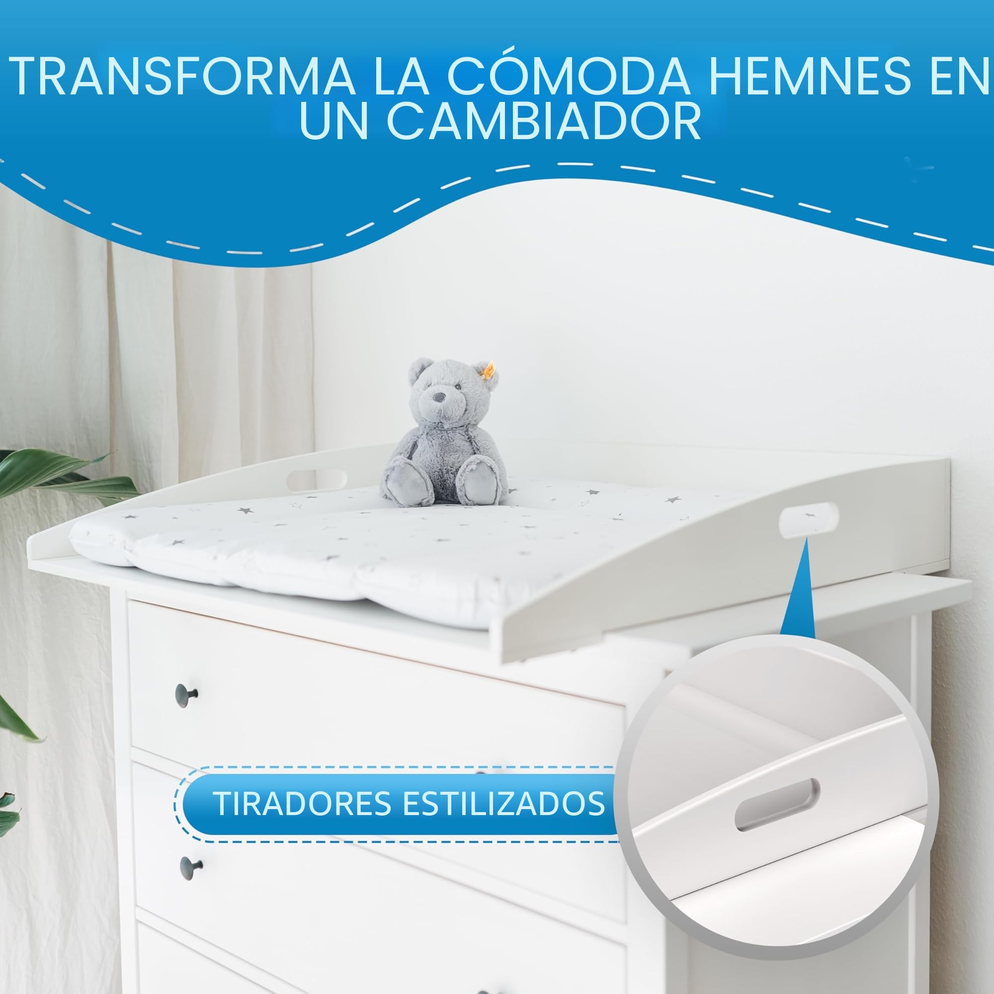 FLIPLINE HappyBaby - Cambiador para bebé, adaptador cambiador para cómoda Hemnes, estante o armario (85 x 75 x 13 cm) - Incl. 2 pasos de seguridad, color blanco