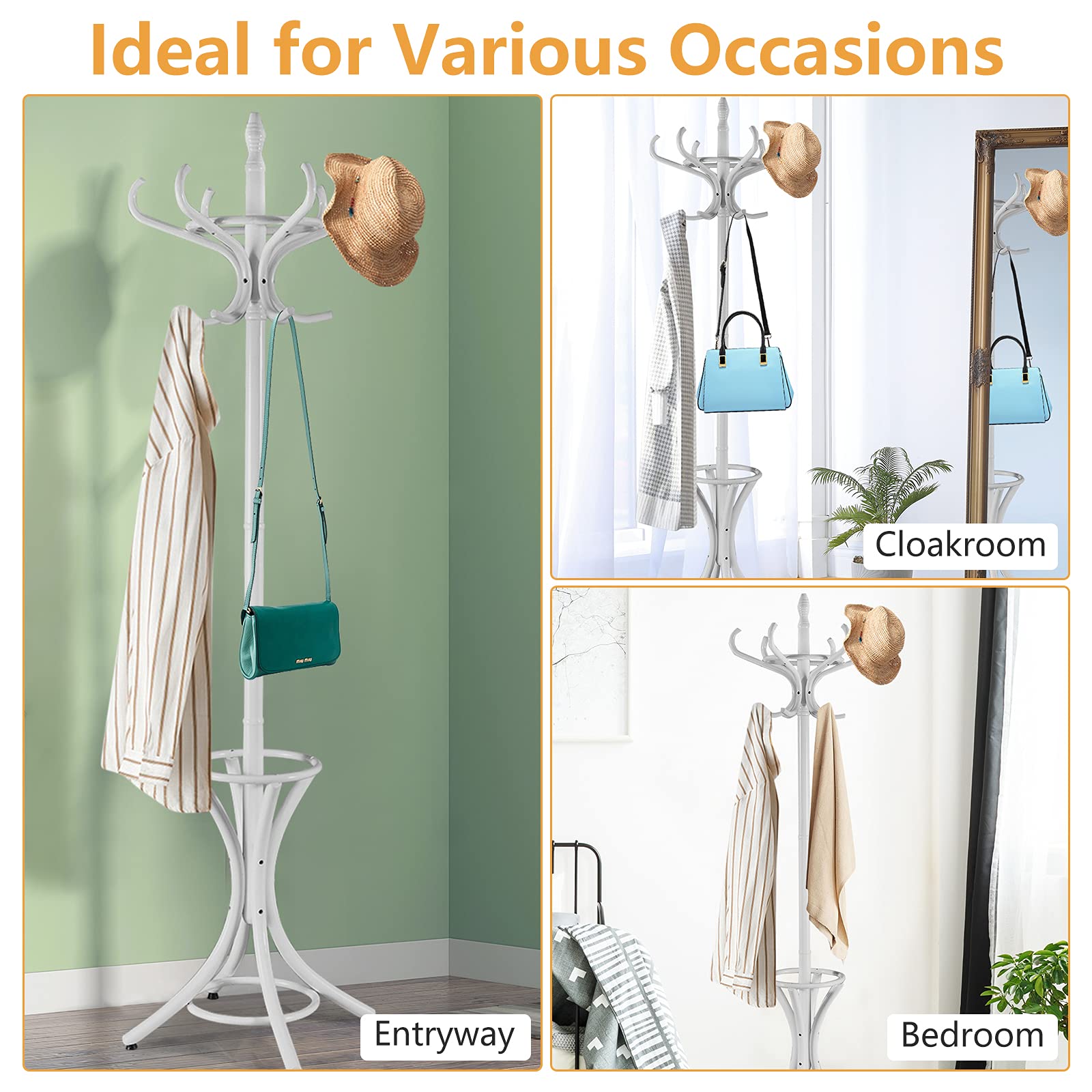 GIANTEX Coat Rack for Entrance, Height 184 cm, Parrot Coat Rack with 12 Hooks and Umbrella Holders, Clothes Rack on Base in Tree Shape, for Entrance