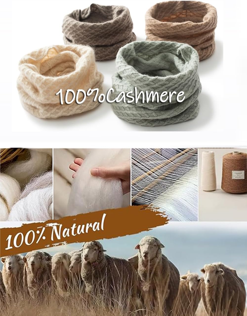 100% Cashmere Knit Winter Neck Gaiters, Infinity Loop Cowl Scarf, Soft Neck Warmer for Men Women