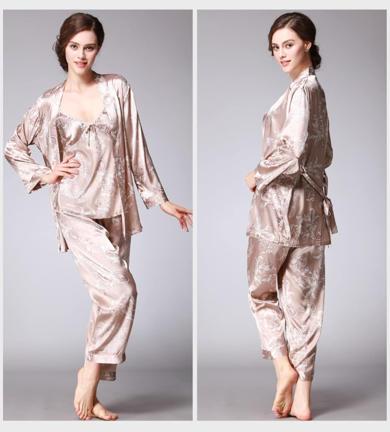 Women'S Silk Satin Pajamas Set - 3Pcs Dragon Pattern Floral Print Silky Pj Sets Sleepwear Cami Nightwear With Robe And Pant Sexy V-Neck Spaghetti Strap Nightwear Soft Homewear For Adults Outfits Suit